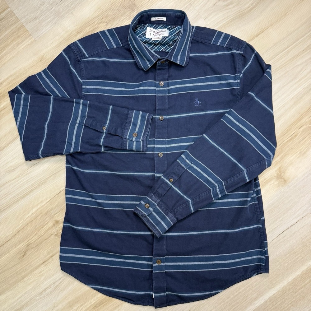 Original Penguin Shirt Mens Medium Blue Striped Button Up Long Sleeve Southwest